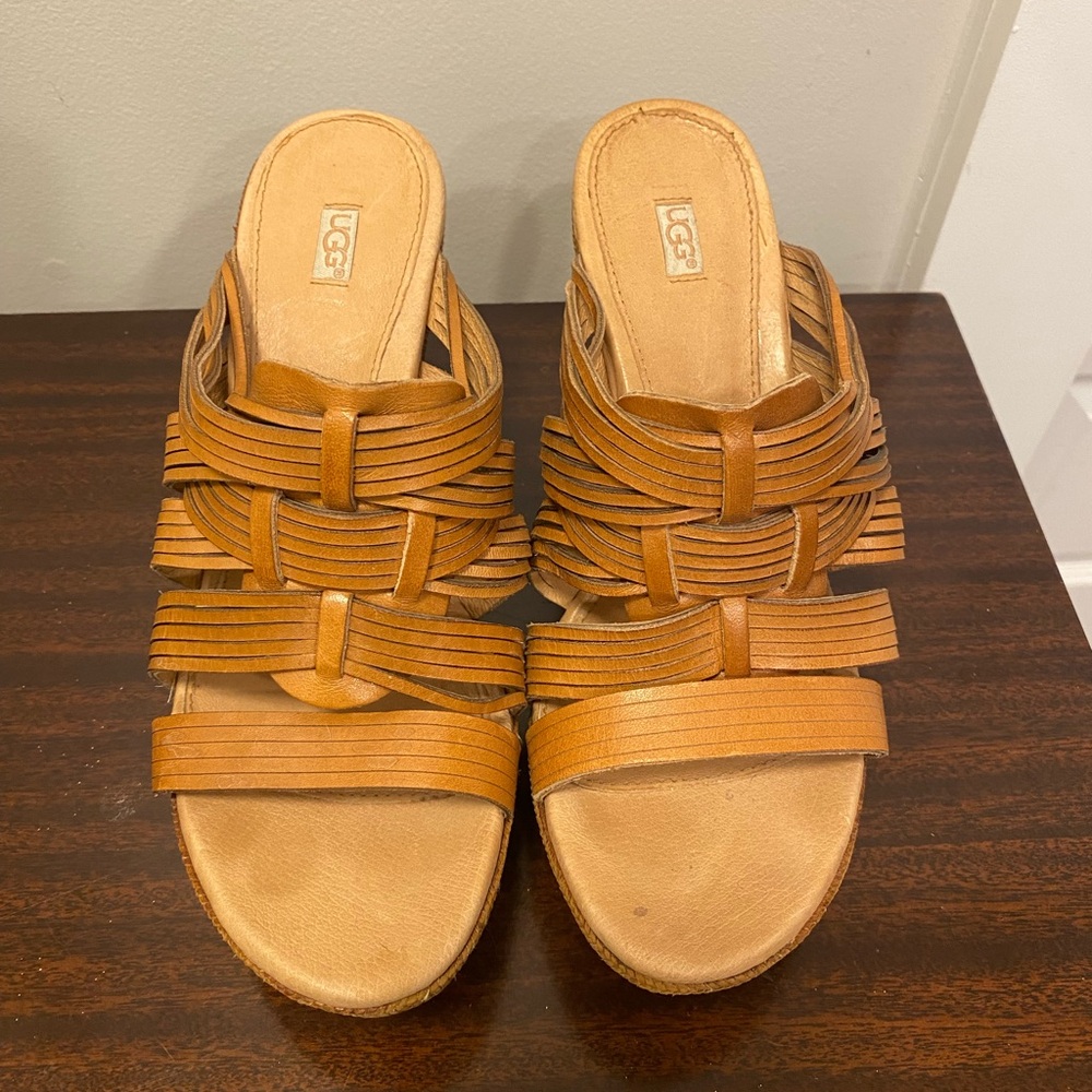 UGG Sz W7.0 Melinda Wedge Platform Sandals Brown Leather Slip On.